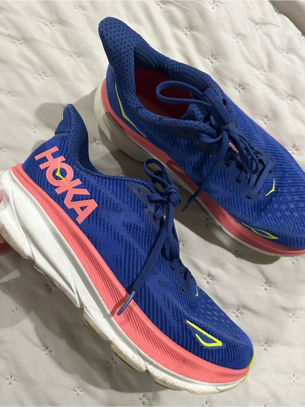 Hoka Women's Blue Running Shoes with Pink and Neon Yellow Accents